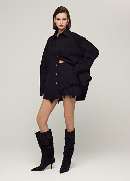 Volanlı Metal Fermuarlı Siyah Kısa Mini Etek