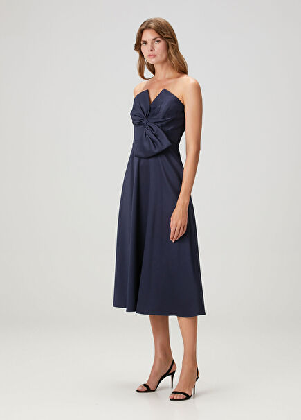 Navy Blue Bow Detailed Midi Cocktail Dress