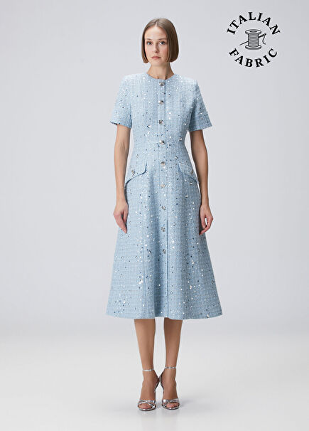 Mavi Payetli Midi Tweed Elbise
