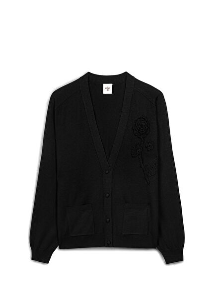 Blossom Black Embroidered Wool Women's Cardigan