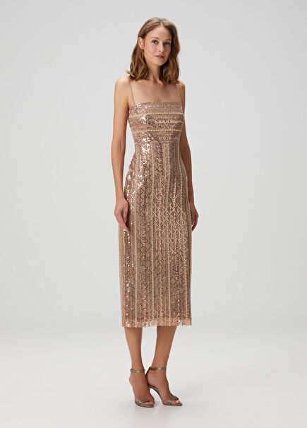 Bronz Payetli Midi Abiye Elbise