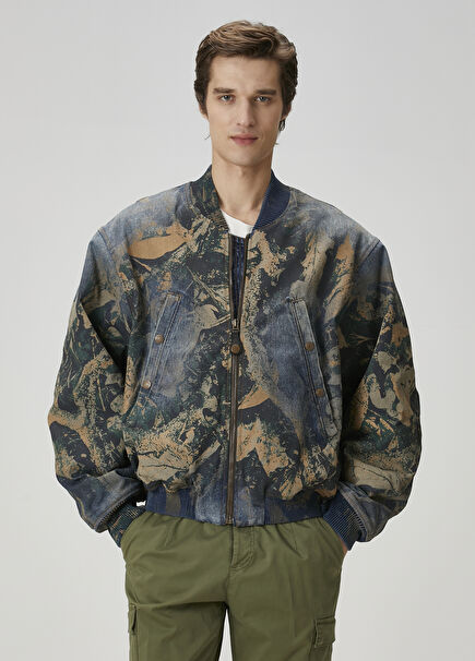 Brown Printed Denim Bomber Jacket