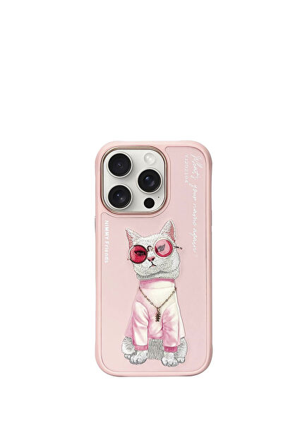 iPhone 16 Pro Compatible 3D Glasses Chain White Cat Embroidery Embossed Cool Glasses Phone Case