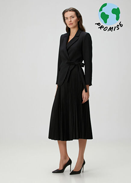 Siyah Tafta Etekli Midi Ceket Elbise