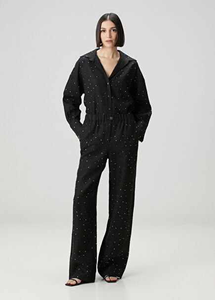 Black Rhinestone Details Linen Beach Trousers