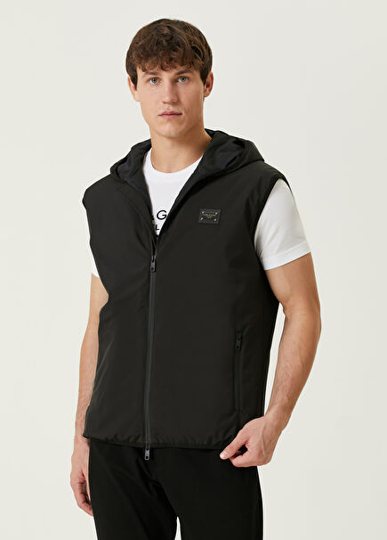 Essential Black Hooded Vest With Logo Detail