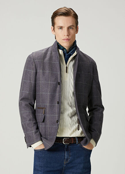 Gri Ekose Desenli Kaşmir Ceket