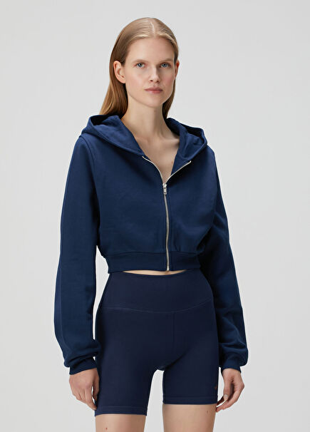Aura Navy Blue Zipper Crop Hoodie