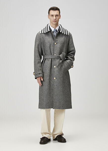 Gri Yakası Ribanalı Yün Palto