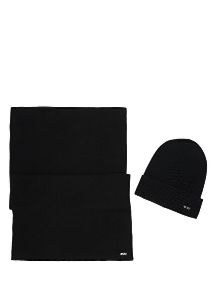 Black Logo Detailed Women's Wool Scarf Beanie Set
