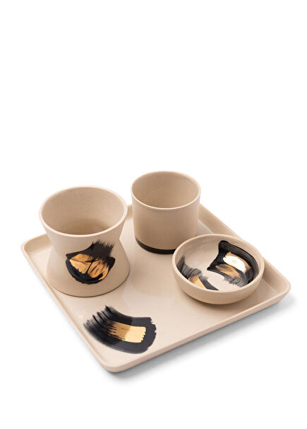 Bej Seramik 4'lü Türk Kahvesi Sunum Seti