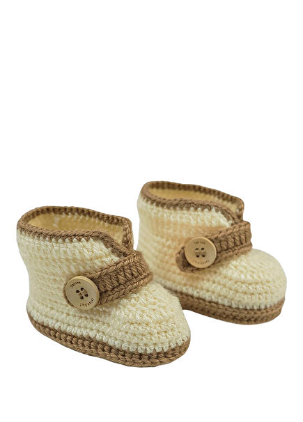Krem & Kahverengi Düğmeli Unisex Bebek Bot Patik