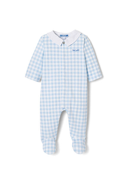 Poplin Yaka Kareli Mavi Erkek Bebek Tulum