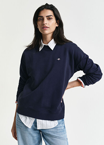 Lacivert Yuvarlak Yaka Relaxed Fit Kadın Sweatshirt