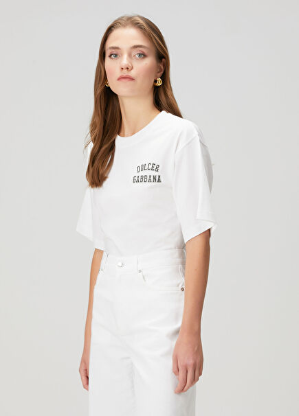 Beyaz Logo Nakışlı T-shirt