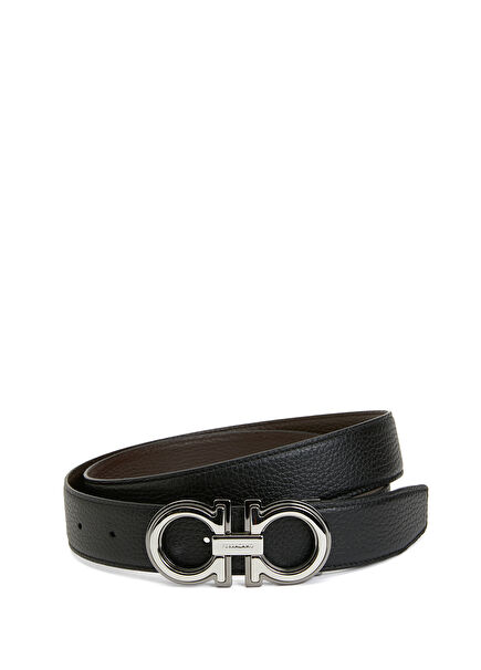 Men's Leather Belt with Black Brown Logo Buckle