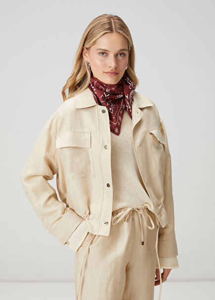 Bej Parlak Keten Bomber Ceket