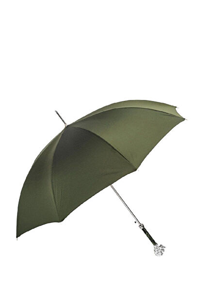 Silver Lion Figure Khaki Striped Automatic Umbrella 95 cm