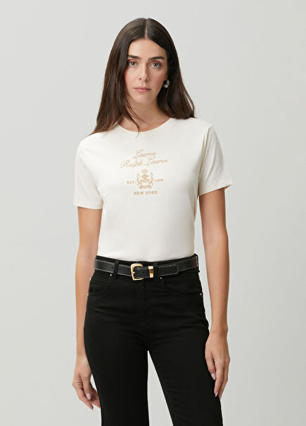 Krem Logo Nakışlı T-shirt