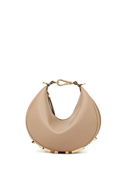 Mini Bej Logolu Kadın Deri Omuz Çantası