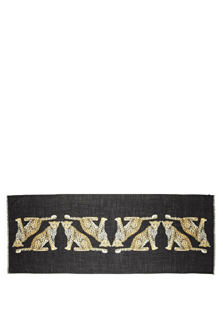 MW Twin Leopards Black Wool Silk Long Scarf Women's Scarf