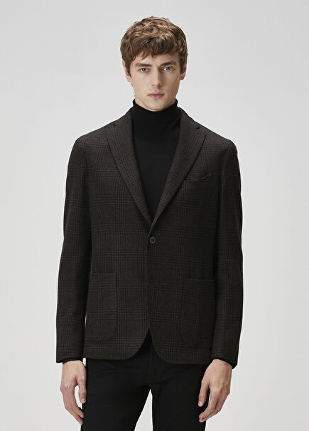 Kahverengi Ekose Desenli Yün Ceket