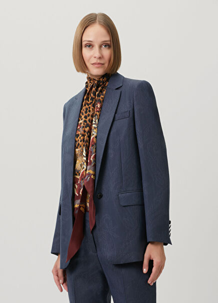Lacivert Şal Desenli Yün Blazer