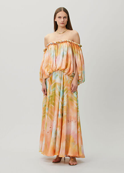 Luna Twist Billow Orange Maxi Silk Evening Dress