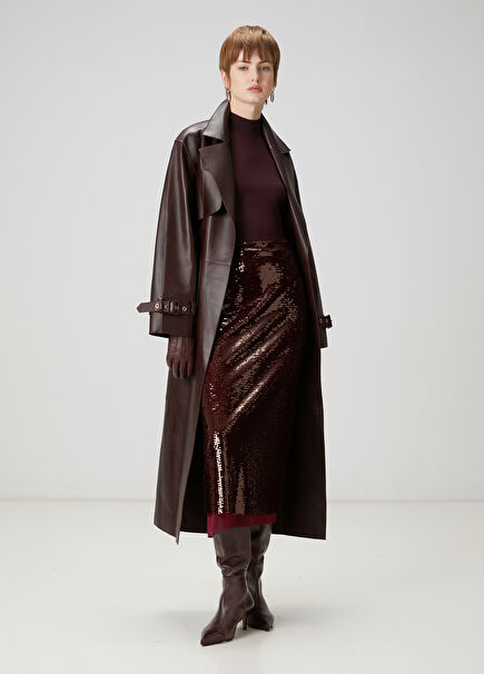 Burgundy Sequined Midi Evening Skirt