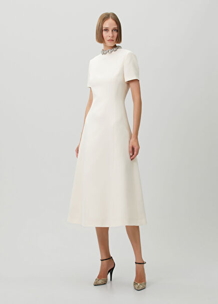 Ecru Embellished Midi Wool Cocktail Dress