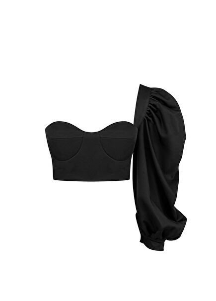 Melody Mellow Siyah Tek Kollu Kadın Crop Korse Büstiyer