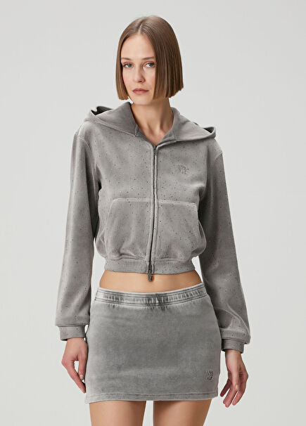 Gri Kapüşonlu Fermuarlı Sweatshirt