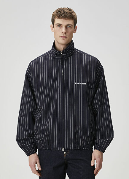 Lacivert Çizgi Desenli Yün Mont