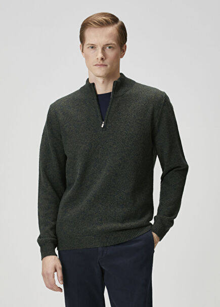 Dark Green Collar Zipper Wool Sweater