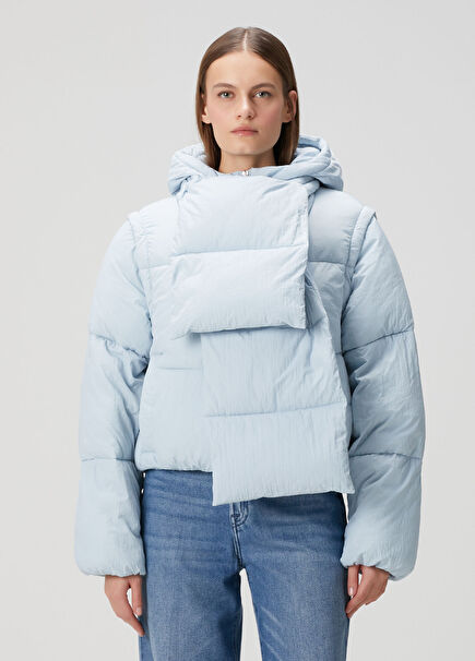 Mavi Kapüşonlu Atkı Detaylı Mont