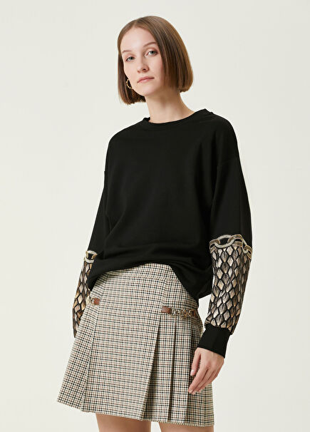 Siyah Gold Taşlı Brokar Sweatshirt