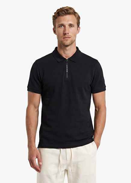 Black Polo Neck Half Zipper Regular Fit Short Sleeve Men's T-Shirt