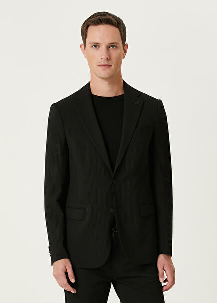 Black Textured Wool Blended Blazer