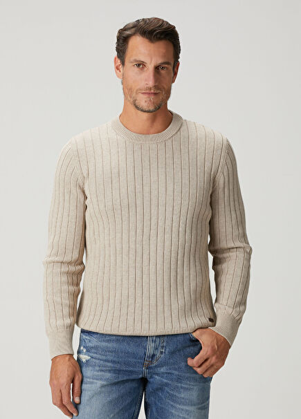 Beige Striped Textured Sweater