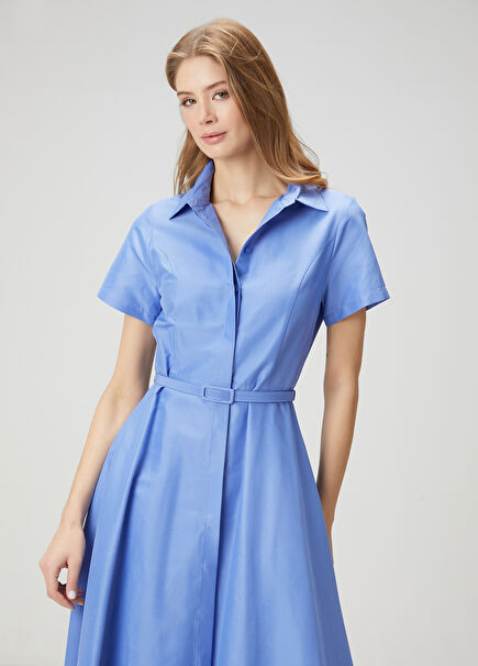 Dark Blue Midi Taffeta Shirt Dress