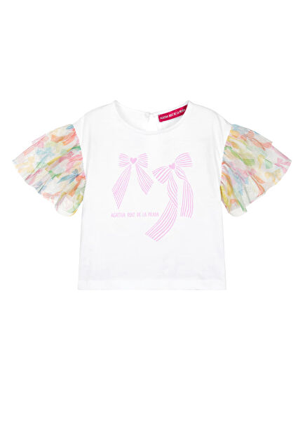 Kyoto Beyaz Kurdeleli Tüllü Kız Çocuk T-shirt