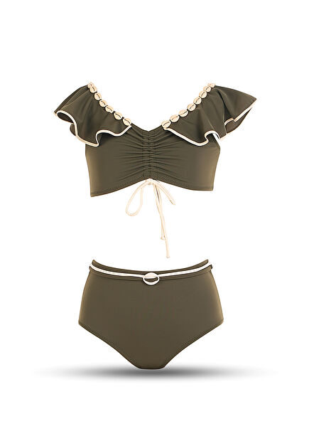 Green Ruffled Ruffle and Mussel Detailed V-Neck Girls' Bikini Set