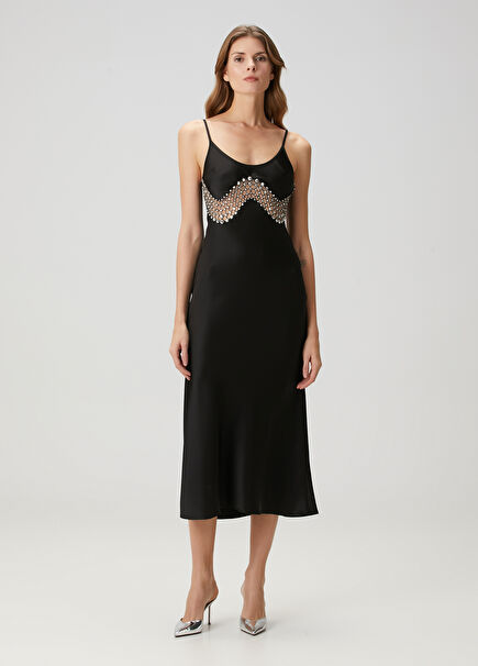 Black Stone Detailed Midi Evening Dress