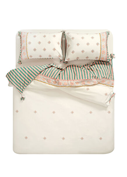 Sansad Ekru Pamuklu Percale Püsküllü El İşi Nakışlı Ekstra King Size Nevresim Takımı 260 x 240 cm