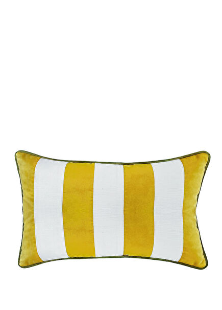 Oliva Sarı Beyaz Çizgili Biyeli Keten Dekoratif Kırlent 35 x 55 cm