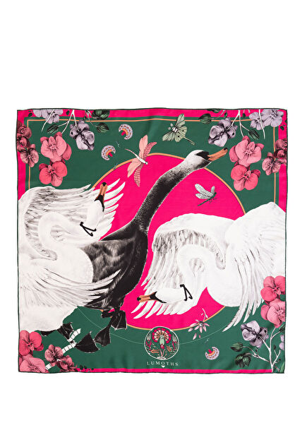Cabala Swans and Orchids Forest Green Silk Twill Women's Scarf 53 cm