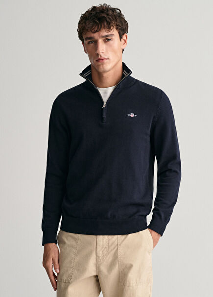 Lacivert Pamuklu Regular Fit Yarım Fermuarlı Erkek Kazak