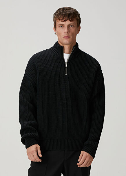 Black Collar Zipper Wool Sweater