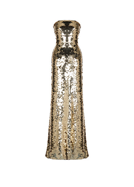 Gold Color Large Sequined Strapless Women's Long Evening Dress