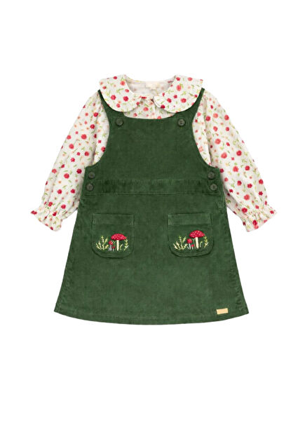 Green Mushroom Embroidered Cotton Velvet Girl's Shirt Gilet Set